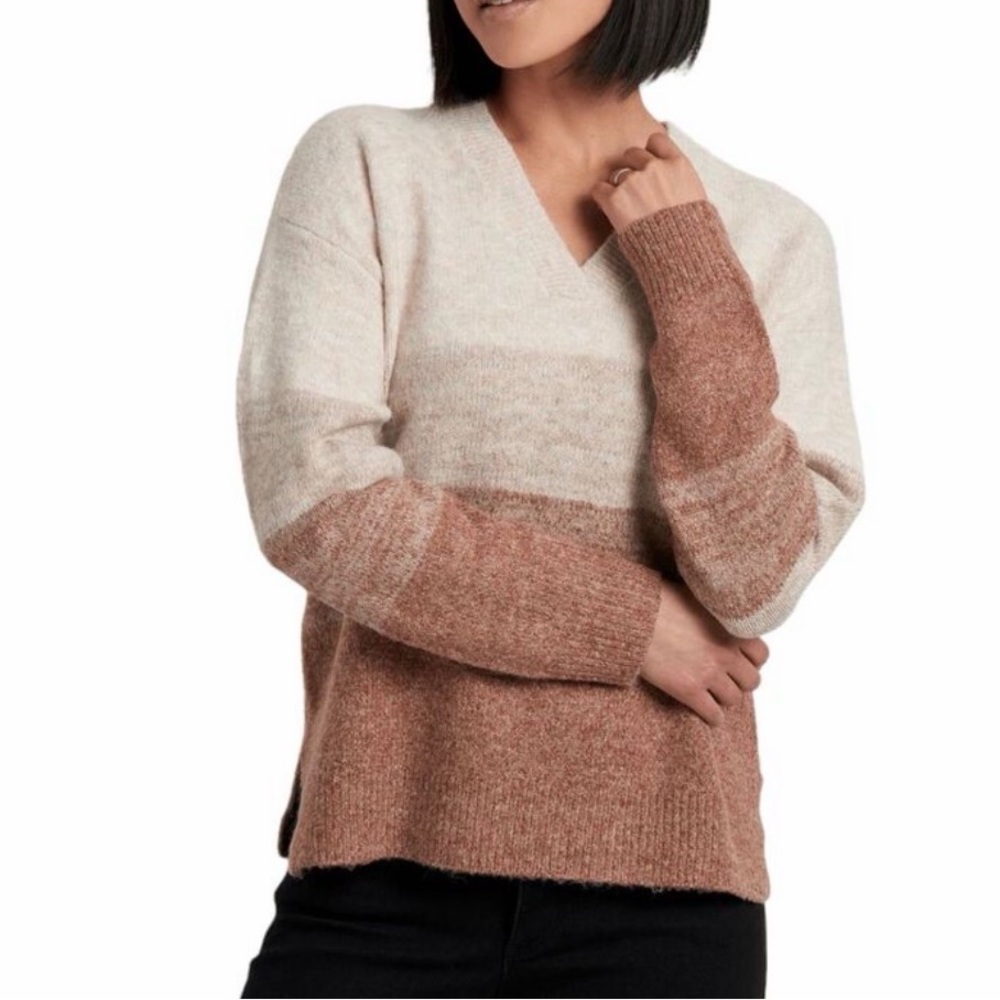 KUHL Women's Rust Red Beige Ombre Soft Knit Boxy Oversize V-Neck Sweater Size XL